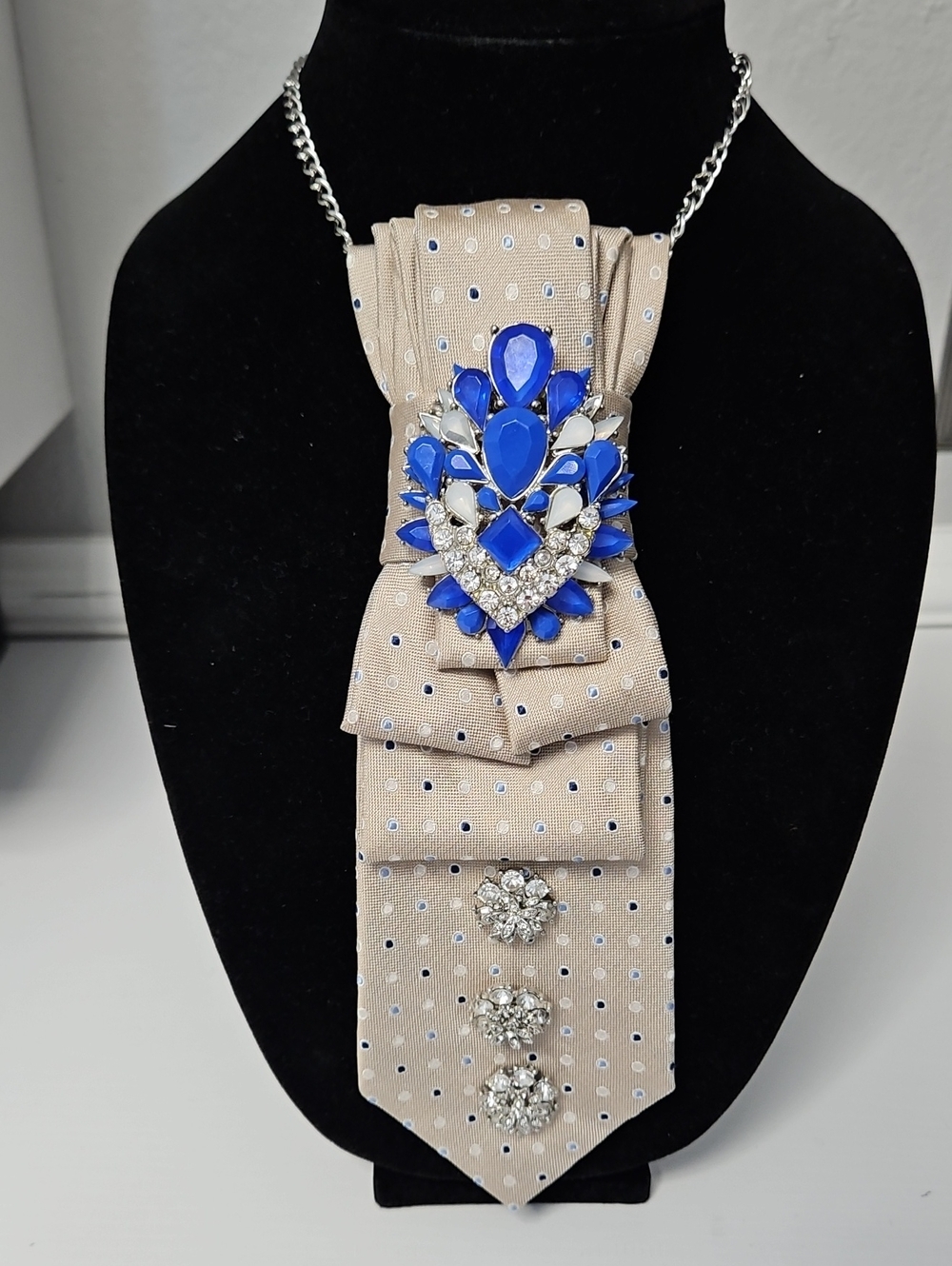 Chaps Upcycled Beige Polka Dot Necktie Necklace with Royal Blue Crystal Brooch